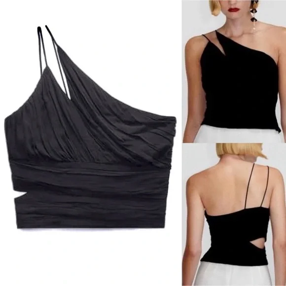 ZARA ASYMMETRIC ONE SHOULDER Crop Top Pleated size s new - Picture 1 of 9